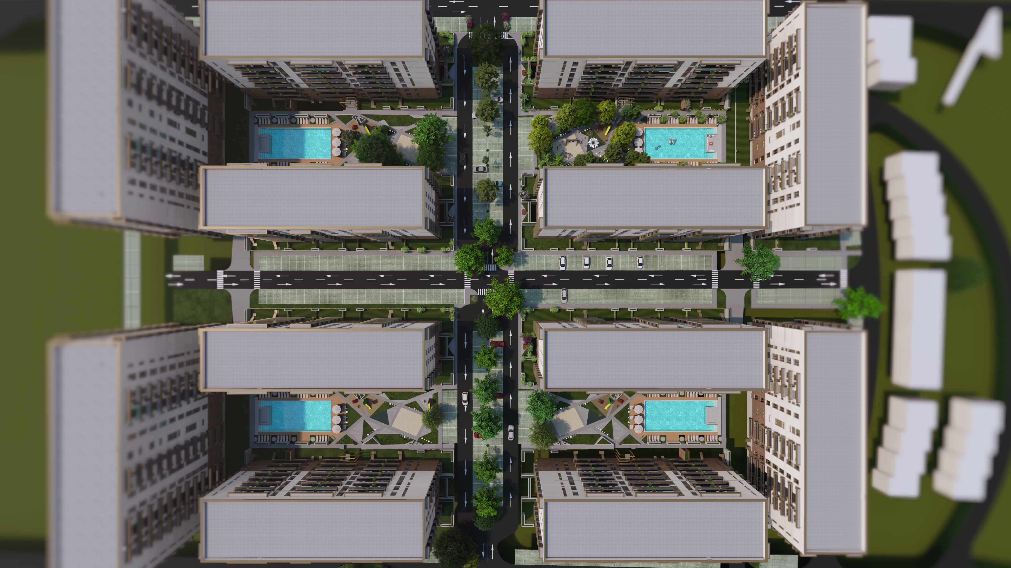 Vedere de sus a întregului ansamblu cu piscine și alei