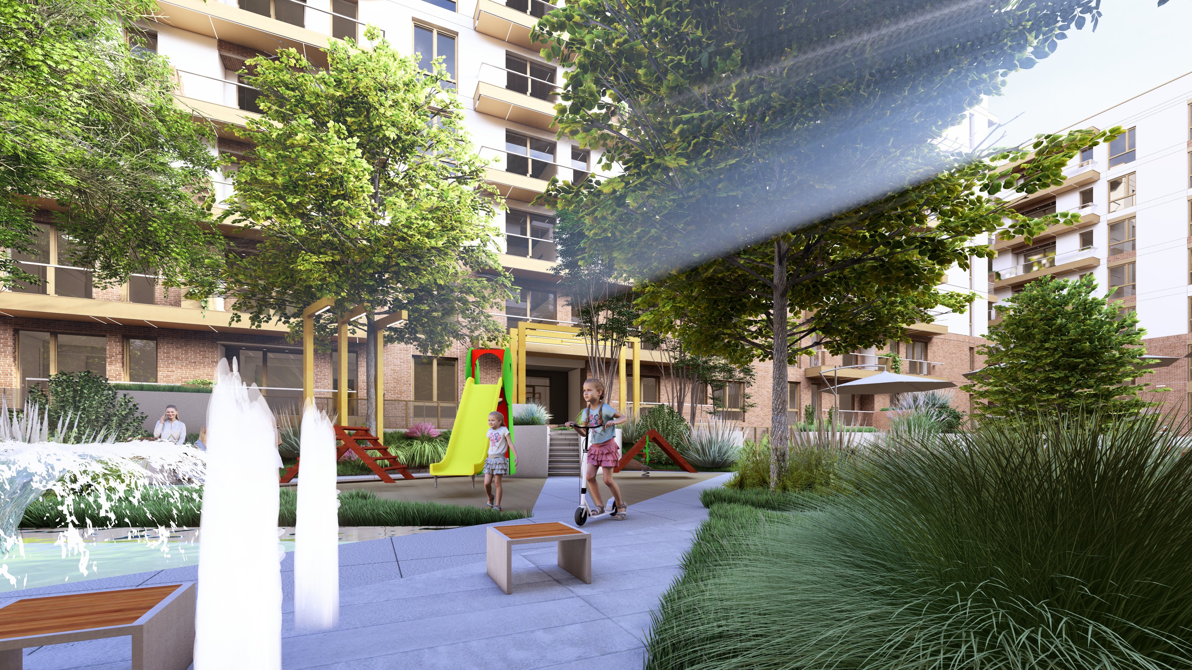 Curte interioară cu fântâni și spații verzi