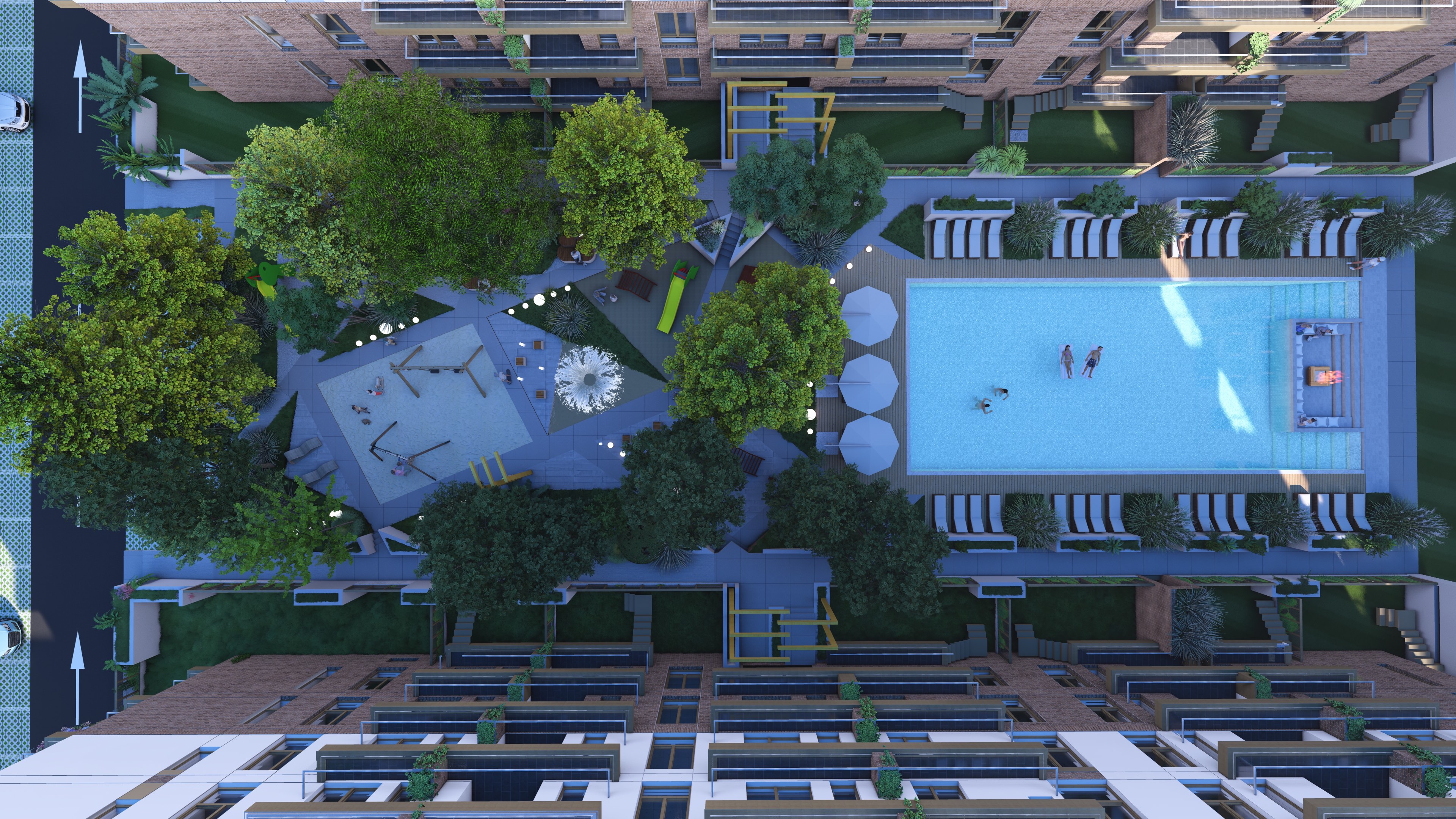 Vedere aeriană seara cu piscină și spații verzi